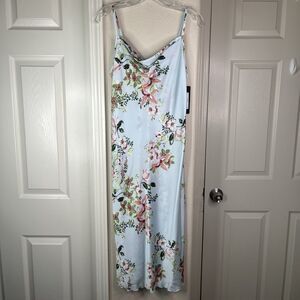 BEBE Women's Baby Blue Floral Satin Cowl Neck Spaghetti Strap Midi Dress S NEW